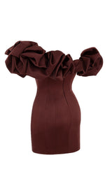 BURGUNDY SATIN RUFFLE STRAPLESS DRESS