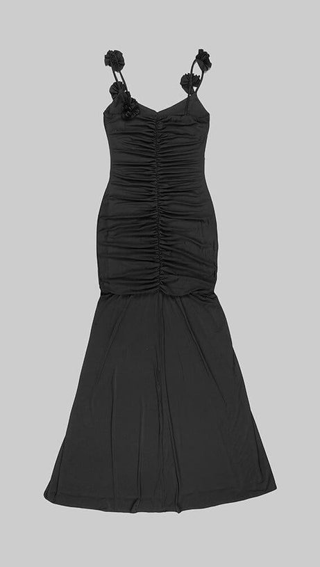 BLACK FLORAL SUSPENDER MAXI DRESS