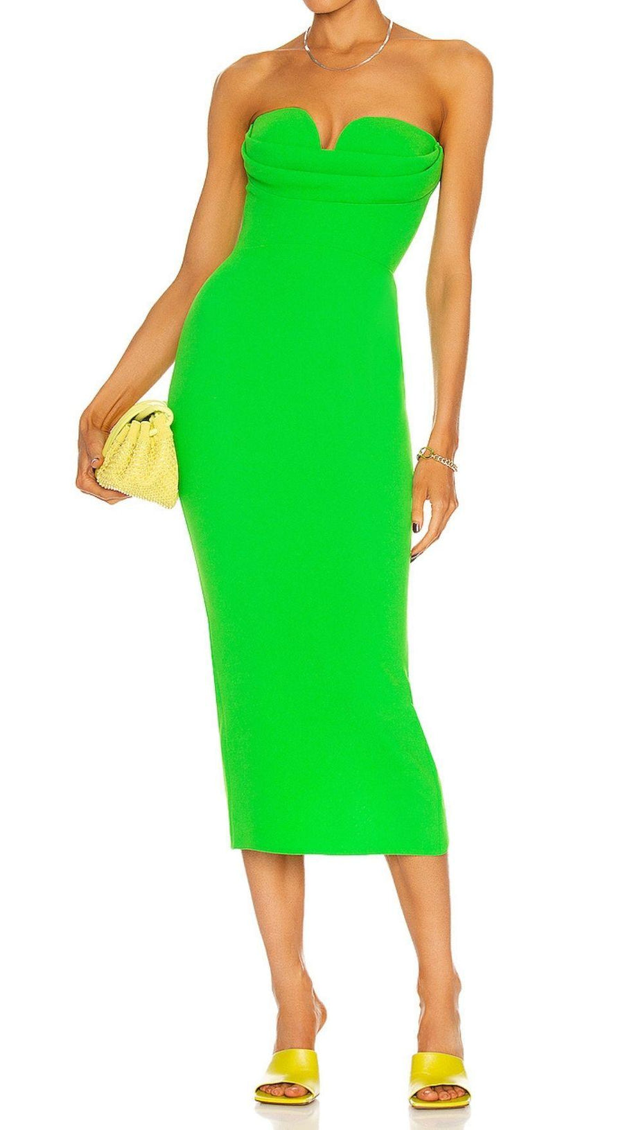 STRAPLESS BANDAGE MIDI DRESS IN GREEN