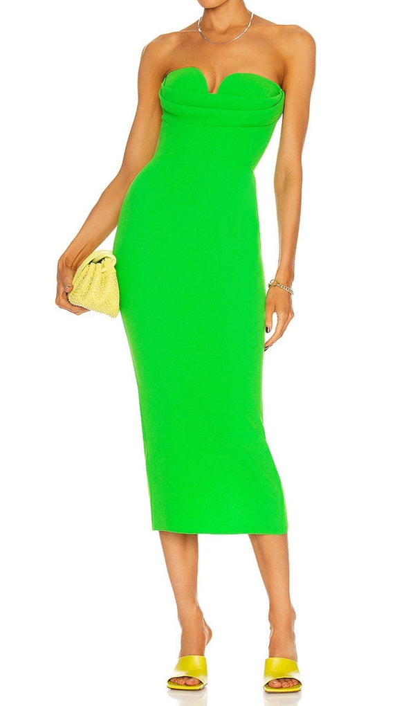 STRAPLESS BANDAGE MIDI DRESS IN GREEN