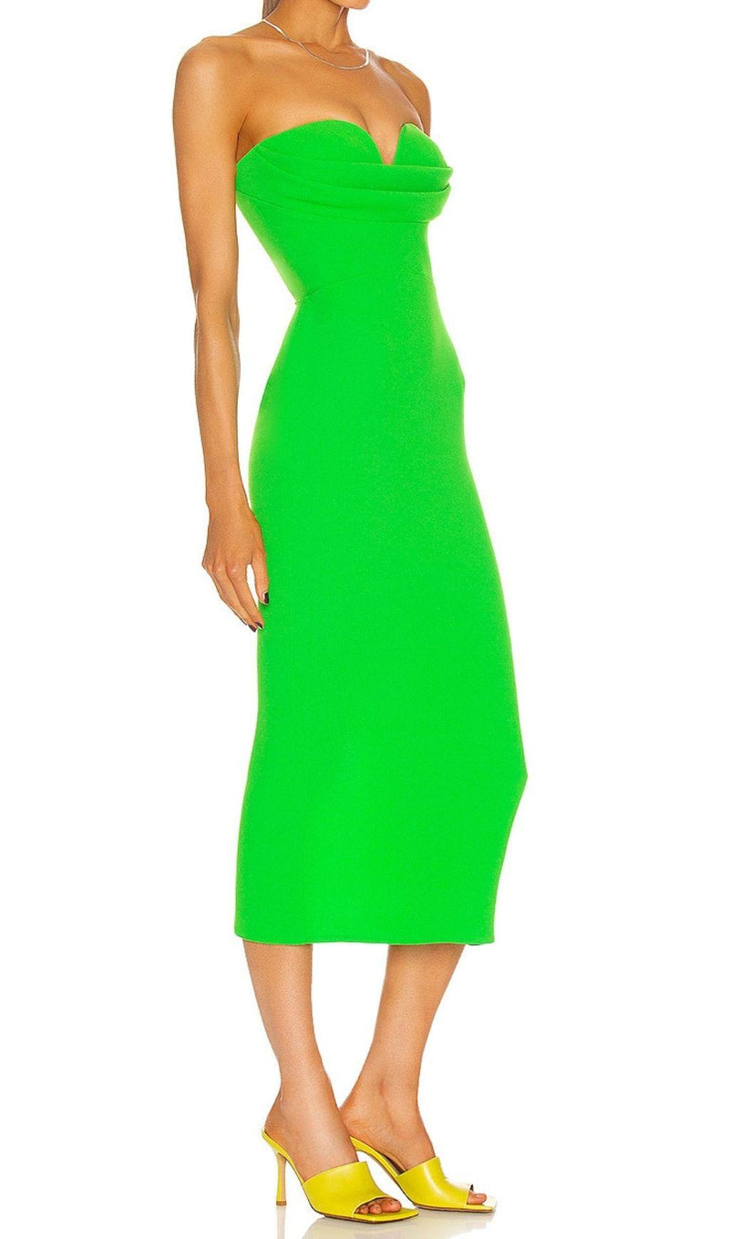 STRAPLESS BANDAGE MIDI DRESS IN GREEN