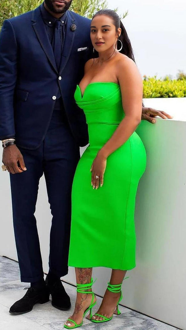 AIIZIE STRAPLESS BANDAGE MIDI DRESS IN GREEN - product image