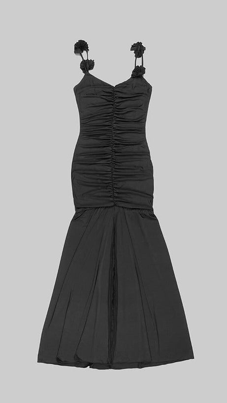 BLACK FLORAL SUSPENDER MAXI DRESS