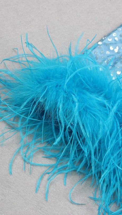 MINI ABITO CON PIUME, PAILLETTES E GIOIELLI TURCHESI