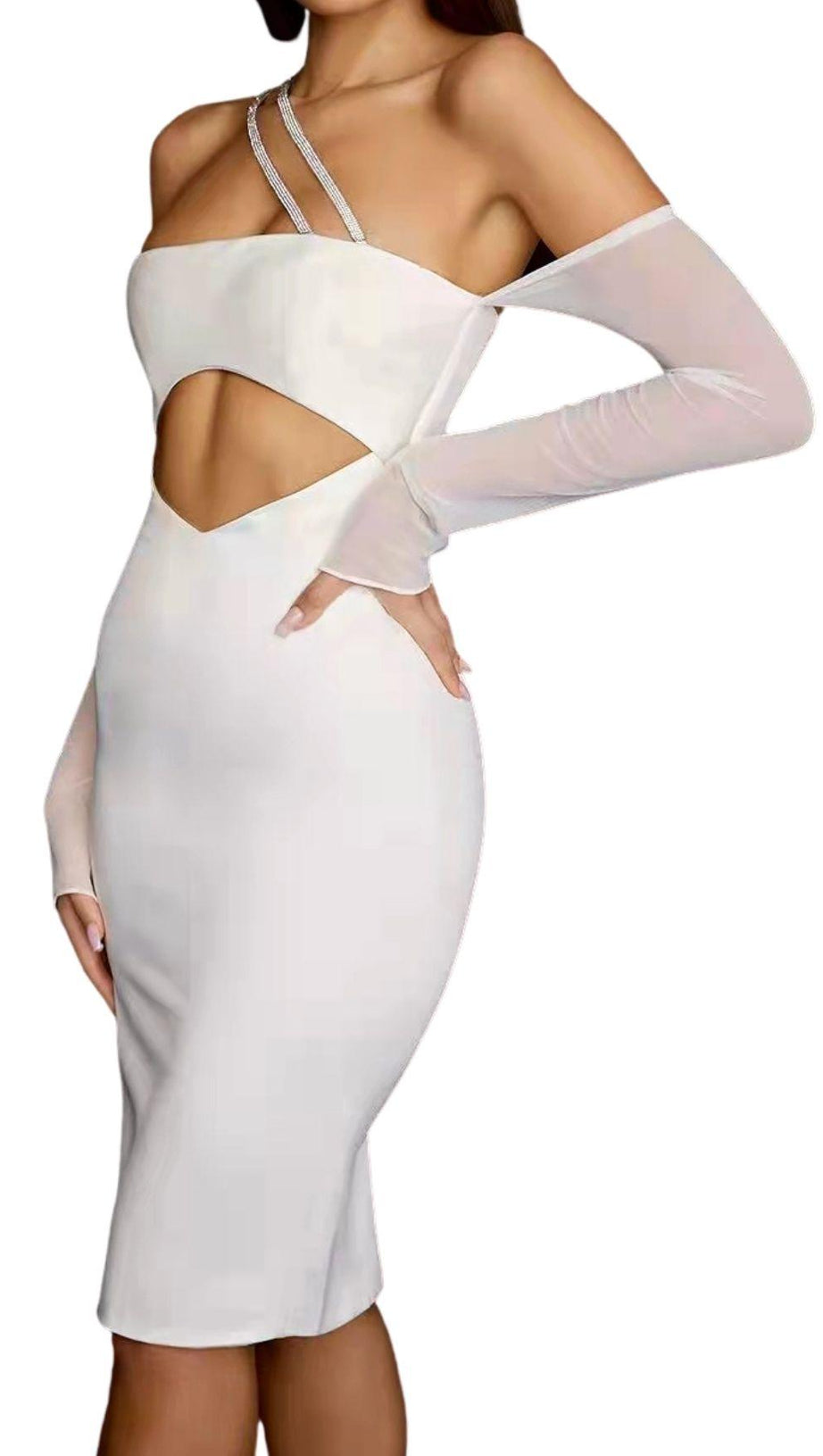 CUT OUT BODYCON MIDI DRESS IN IVORY