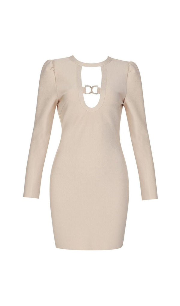 PLUNGE BANDAGE MINI DRESS IN NUDE