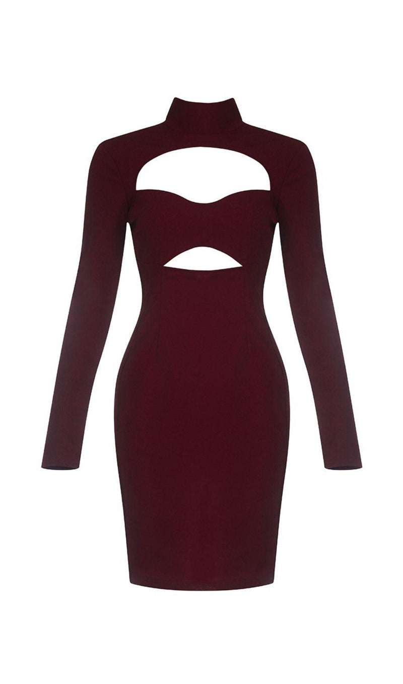 CUT OUT MESH MINI DRESS IN WINE RED