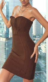 STRAPLESS BANDAGE MINI DRESS IN BROWN