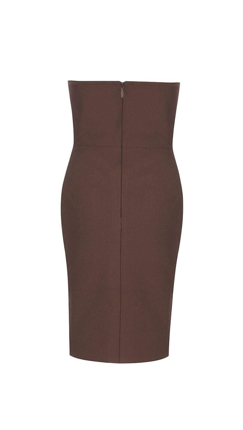 STRAPLESS BANDAGE MINI DRESS IN BROWN