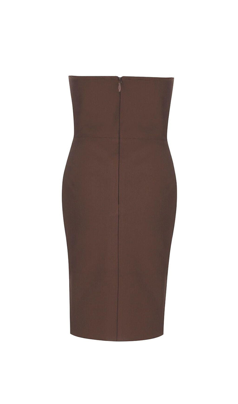 STRAPLESS BANDAGE MINI DRESS IN BROWN