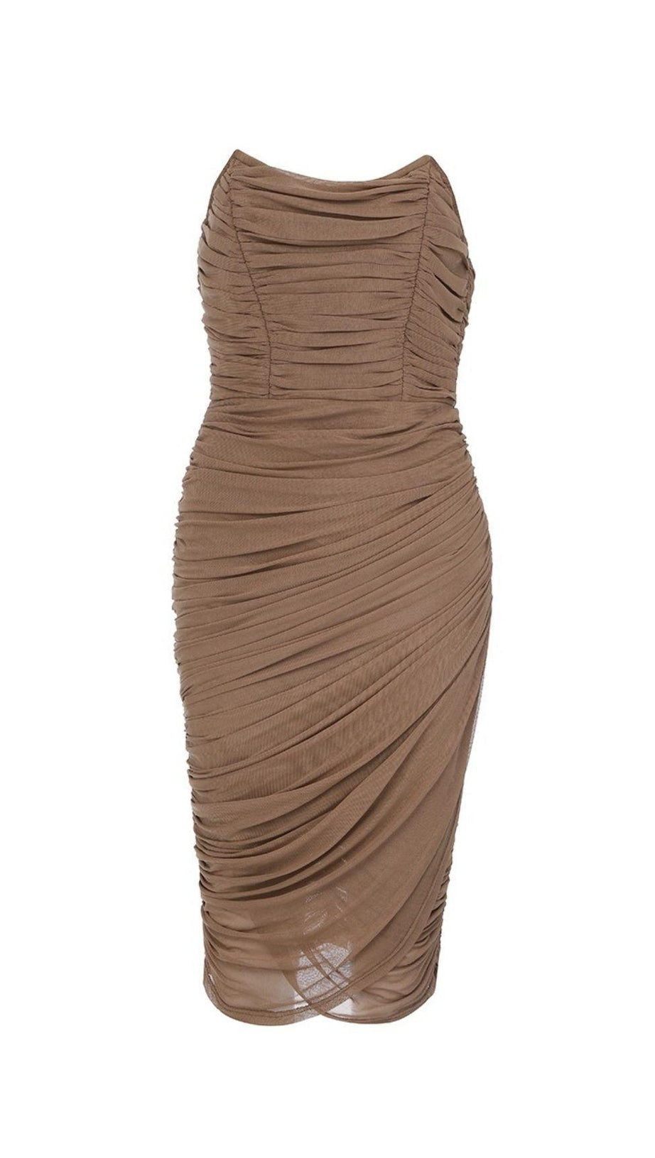 BROWN RUCHED MIDI DRESS