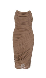 BROWN RUCHED MIDI DRESS