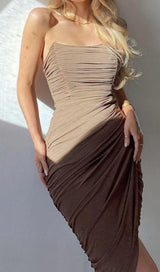 BROWN RUCHED MIDI DRESS