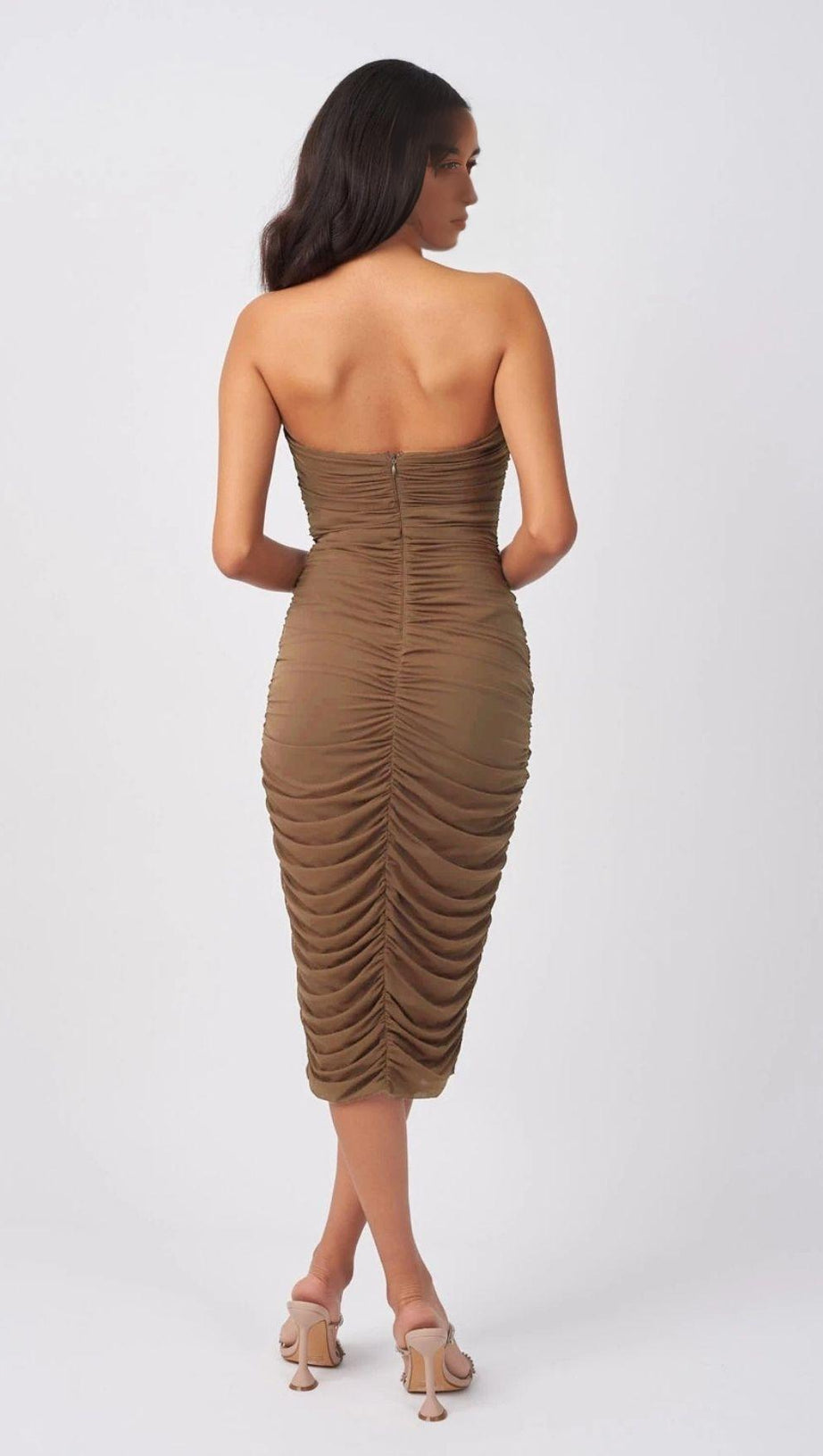 BROWN RUCHED MIDI DRESS