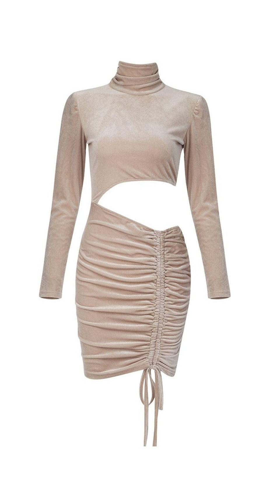 HAUTFARBIGES MINIKLEID AUS SAMT MIT AUSSCHNITTEN UND RÜSCHEN