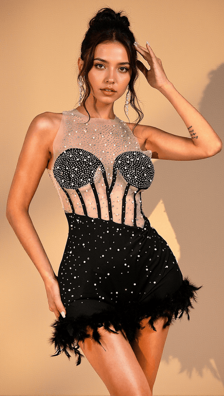 GEENA PEARL SEQUIN SHEER FEATHER DRESS