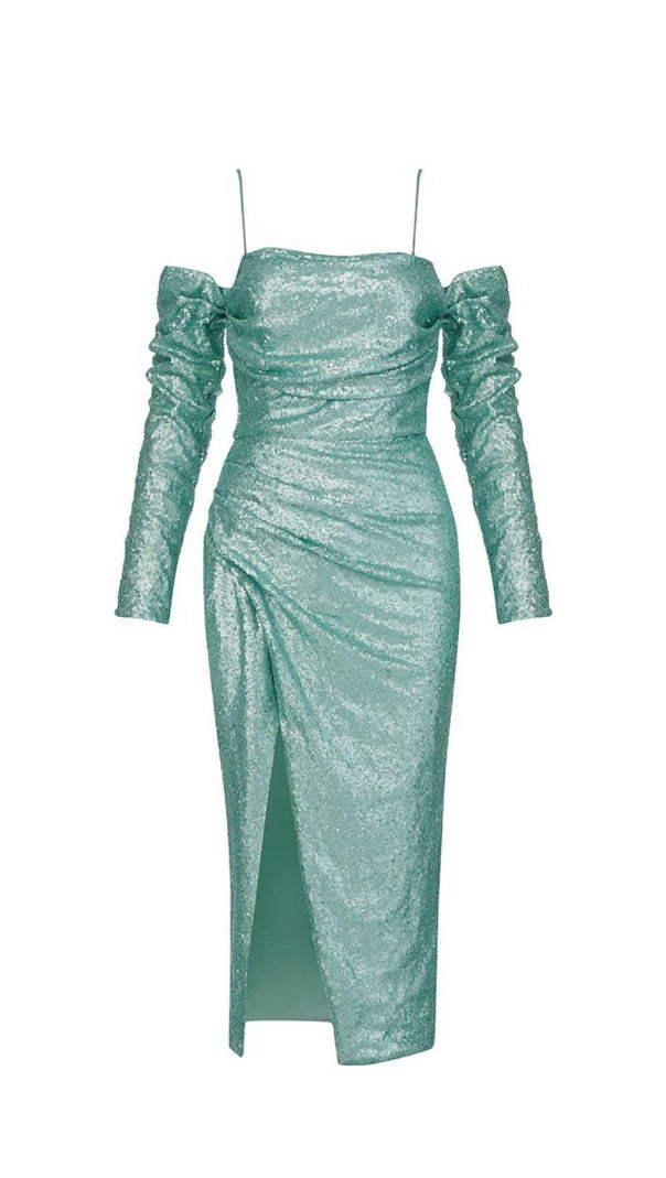 AIIZIE TURQUOISE SEQUIN SPLIT MIDI DRESS - product image
