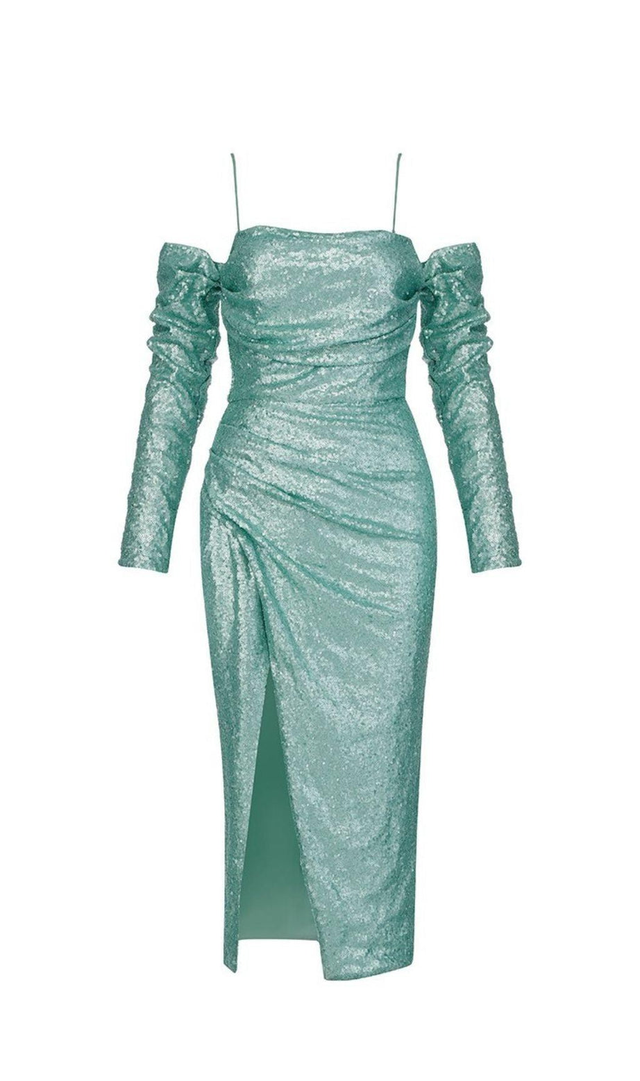 ABITO MIDI CON SPACCO E PAILLETTES TURCHESE