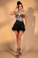 Geena Pearl Sequin Sheer Feather Dress