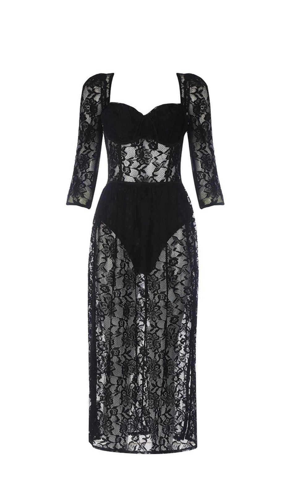 SCHWARZES MAXIKLEID MIT SPITZE