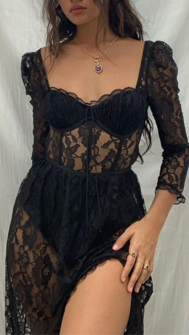 AIIZIE BLACK LACE SPLIT MAXI DRESS - product image