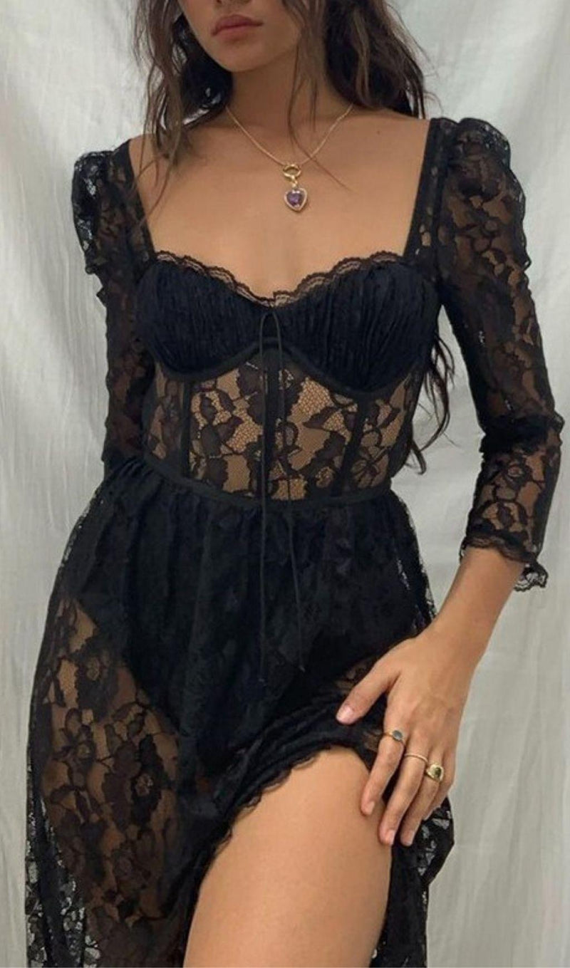 BLACK LACE SPLIT MAXI DRESS