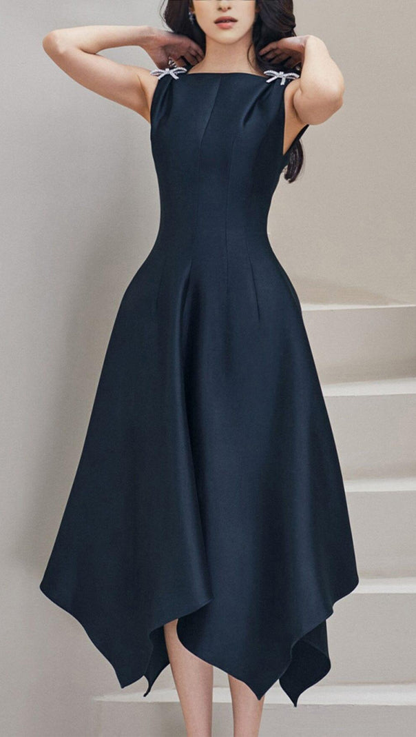 AIIZIE BLACK BUTTERFLY SLEEVELESS HIGH WAIST IRREGULAR SWING MIDI DRESS - product image