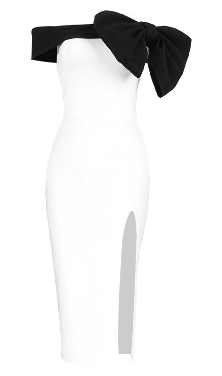 ABITO MIDI CON SPALLE SCOPERTE E FASCE IN BIANCO
