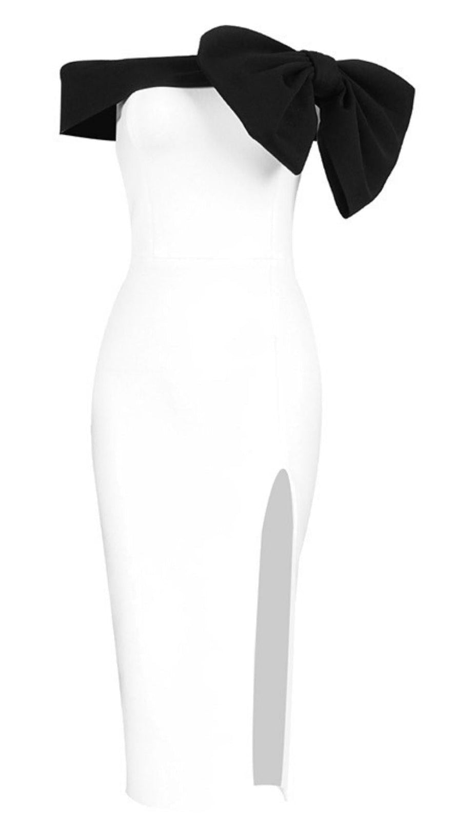 OFF SHOULDER BANDAGE MIDI DRESS IN WHITE