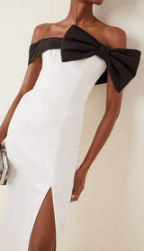 OFF SHOULDER BANDAGE MIDI DRESS IN WHITE