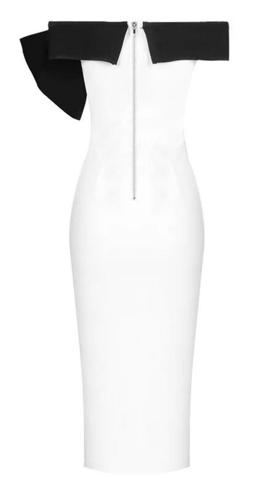 ABITO MIDI CON SPALLE SCOPERTE E FASCE IN BIANCO