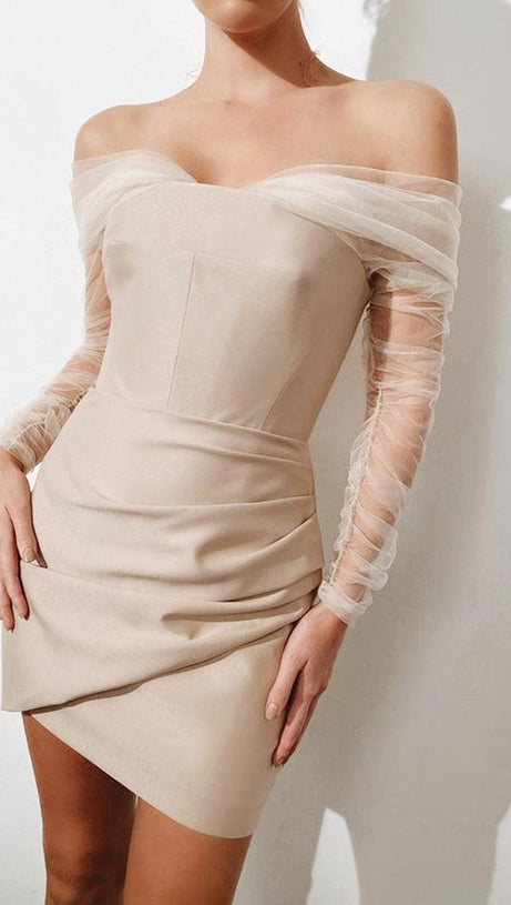STRAPLESS BANDAGE MINI DRESS IN BEIGE