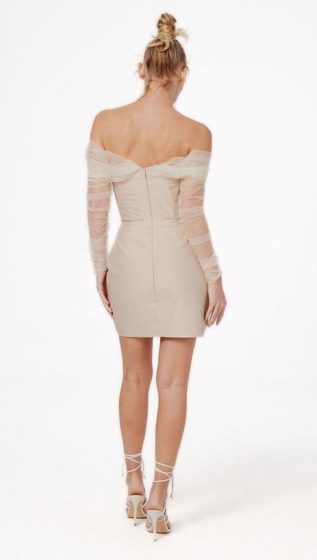 STRAPLESS BANDAGE MINI DRESS IN BEIGE