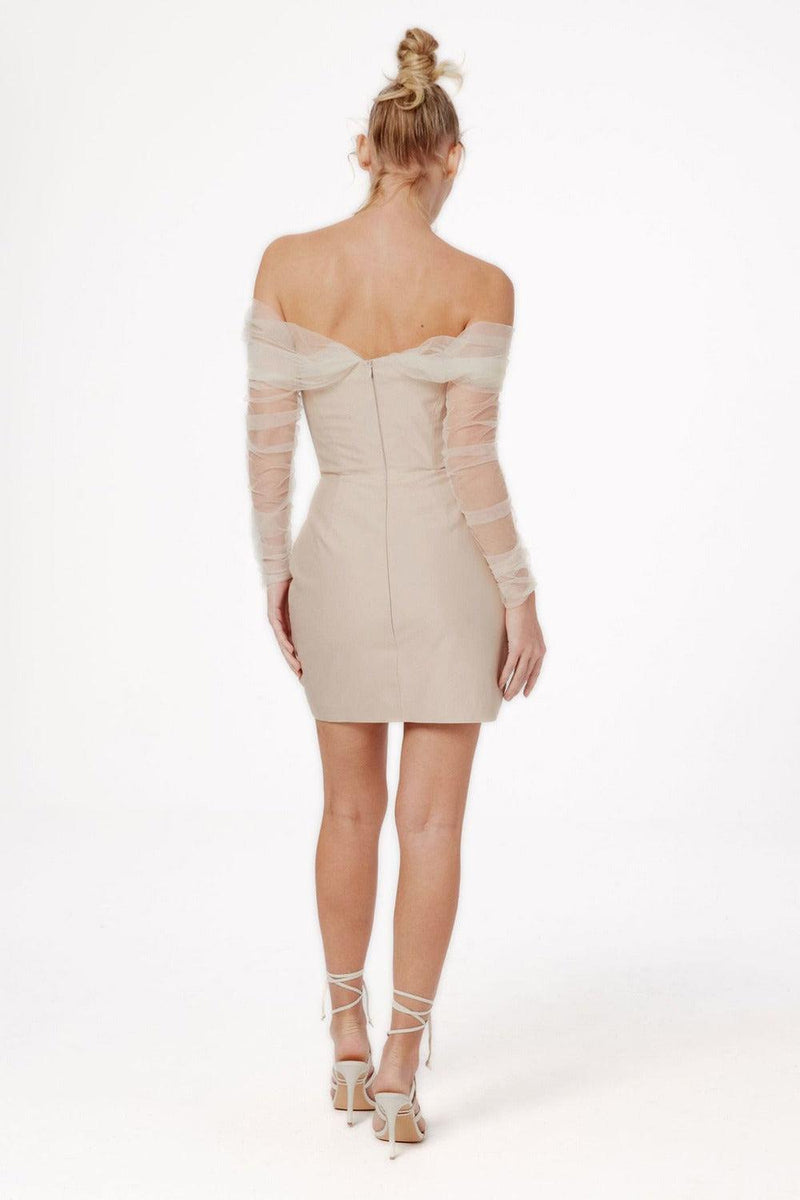 STRAPLESS BANDAGE MINI DRESS IN BEIGE