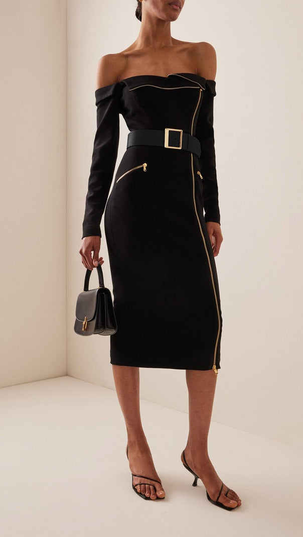 AIIZIE BLACK BIKER WOOL CREPE MIDI DRESS - product image