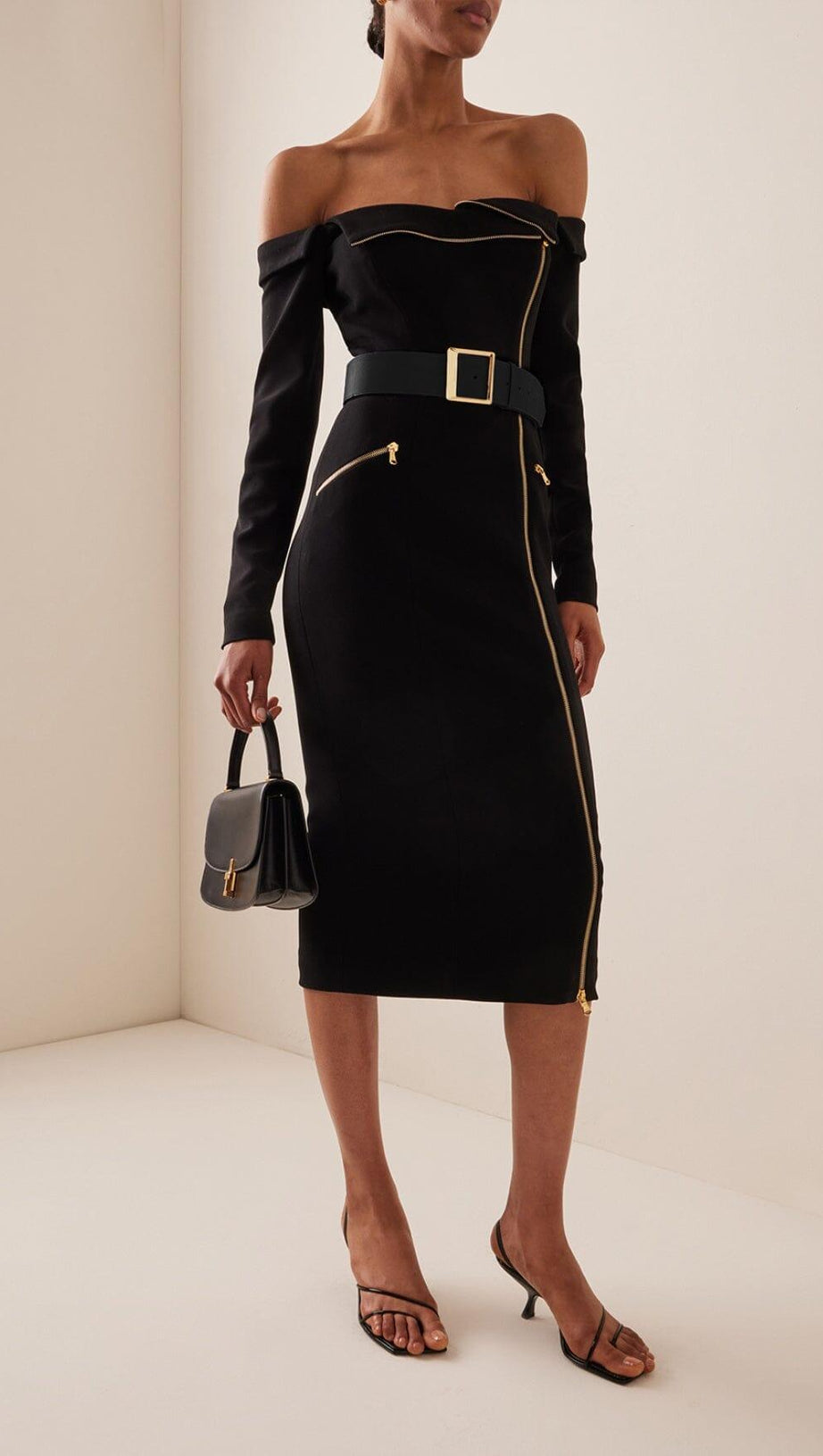 BLACK BIKER WOOL CREPE MIDI DRESS