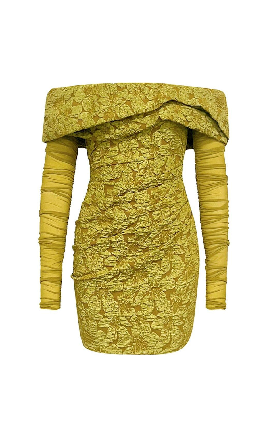 Schulterfreies, geblümtes Minikleid aus Netzstoff in Kurkuma-Farbe