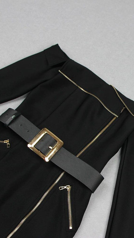 BLACK BIKER WOOL CREPE MIDI DRESS