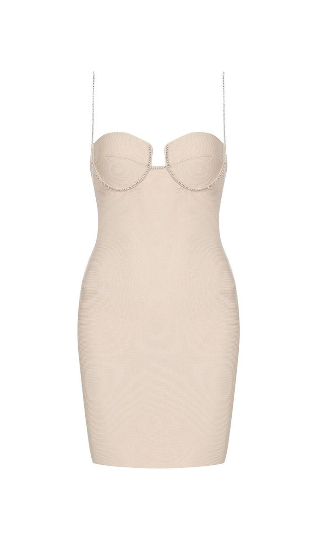 NUDE CRYSTAL STRAP BANDAGE MINI DRESS