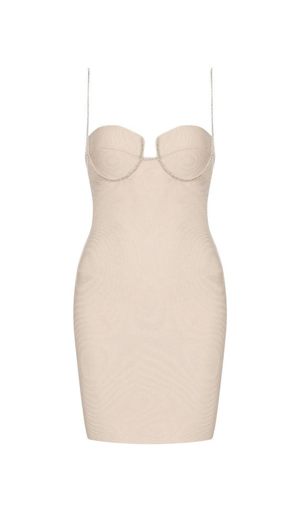 NUDE CRYSTAL STRAP BANDAGE MINI DRESS