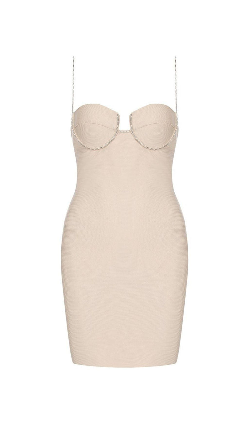 NUDE CRYSTAL STRAP BANDAGE MINI DRESS