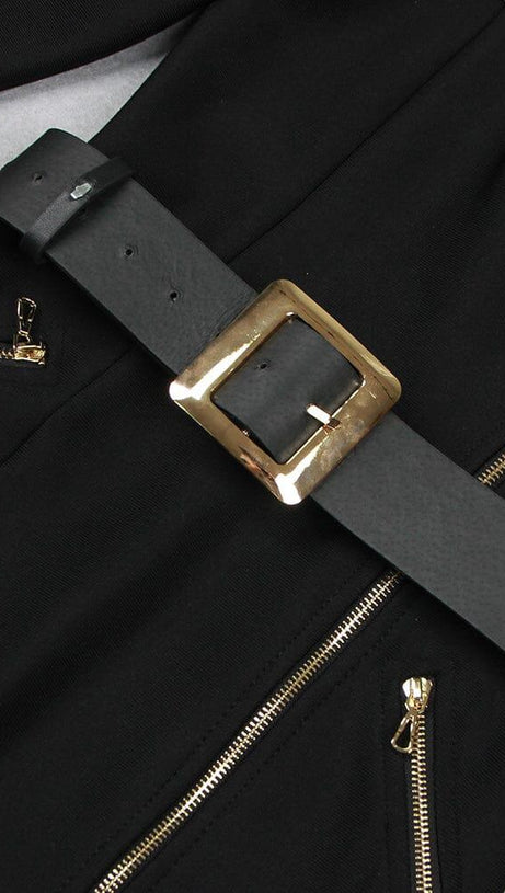 BLACK BIKER WOOL CREPE MIDI DRESS