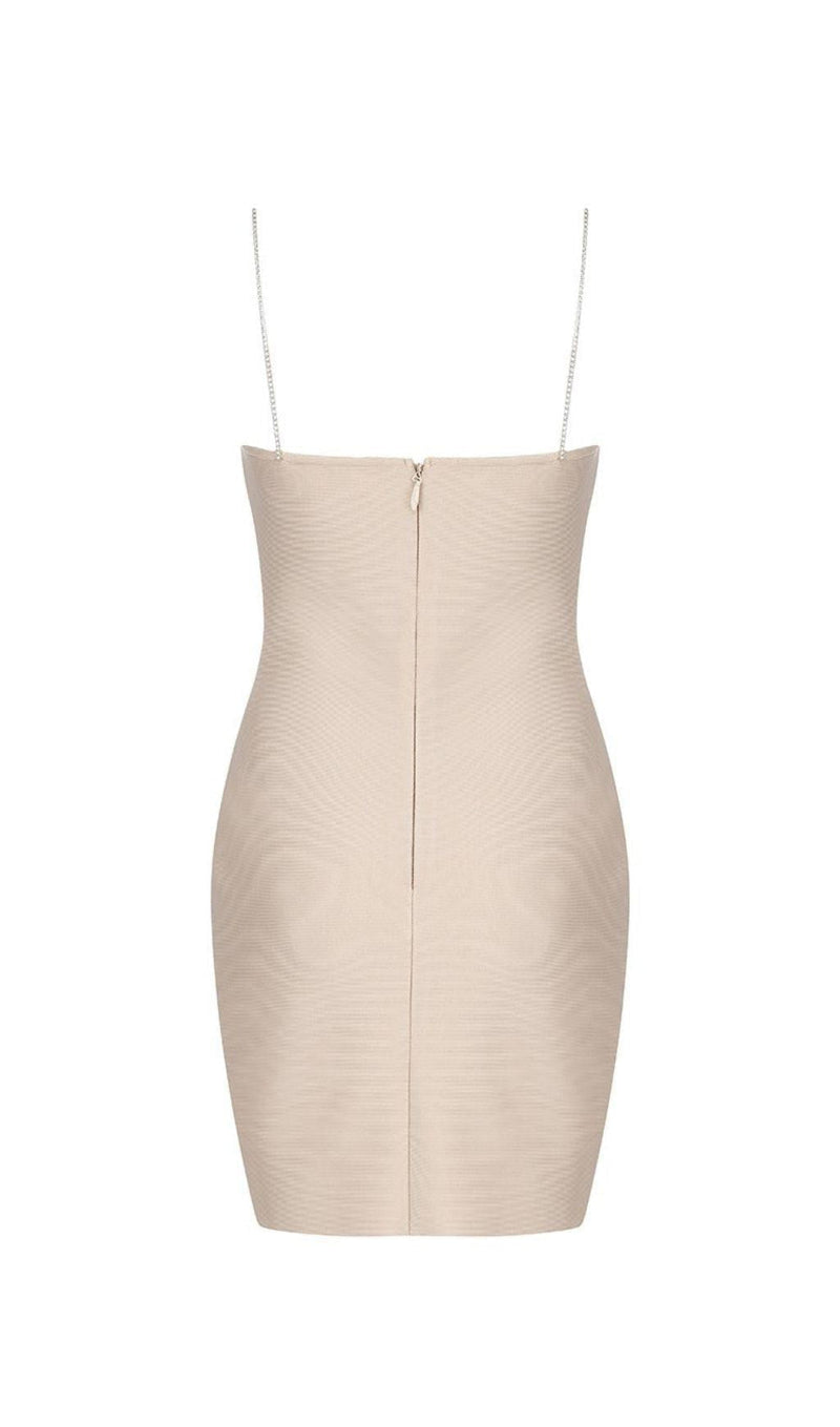 NUDE CRYSTAL STRAP BANDAGE MINI DRESS