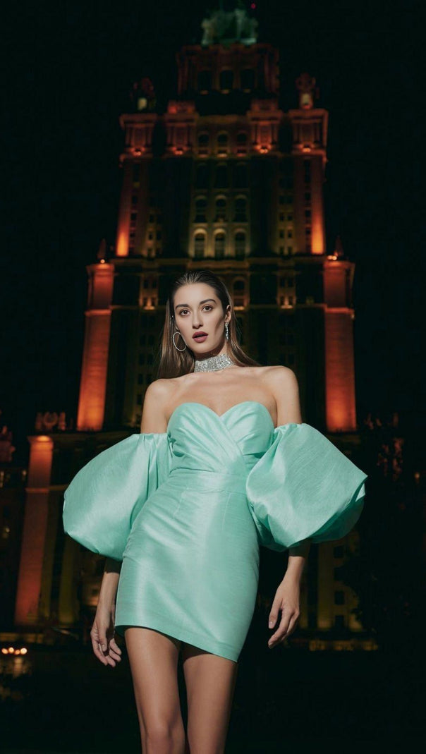 AIIZIE SATIN PUFF SLEEVE MINI DRESS IN GREEN - product image