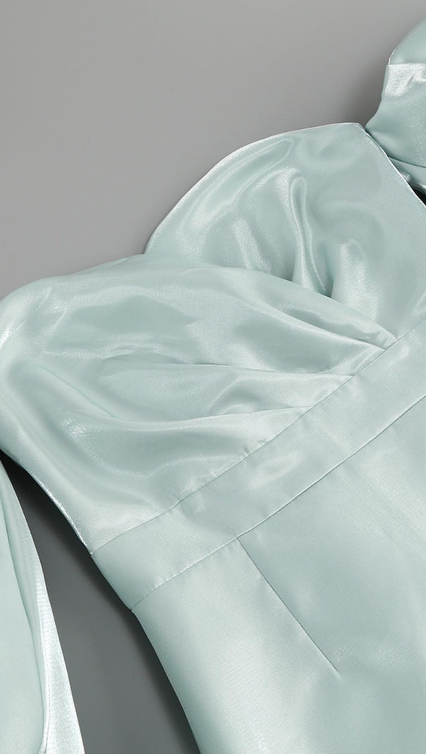 AIIZIE SATIN PUFF SLEEVE MINI DRESS IN GREEN - product image