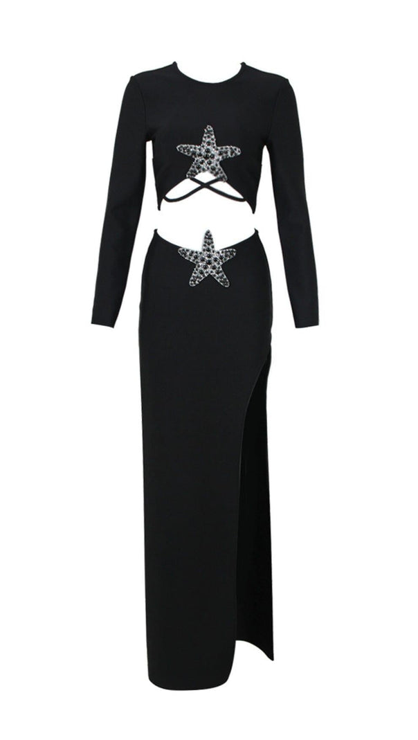Black Beaded Starfish Diamond Long Sleeve High Waisted Split Skirt