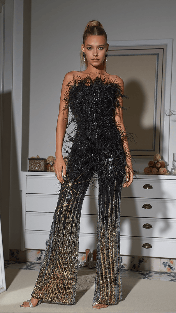 AIIZIE SHIVA OMBRE FEATHER SEQUIN JUMPSUIT - product image