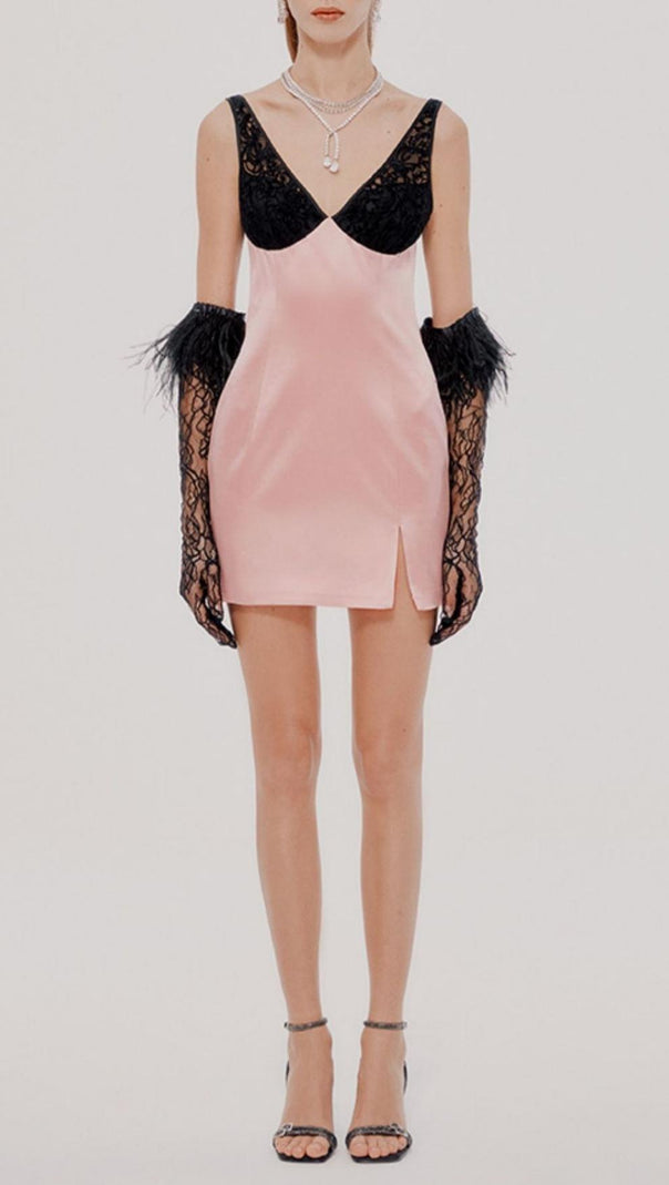 AIIZIE LACE GOLVES PINK PATCHWORK MINI DRESS - product image