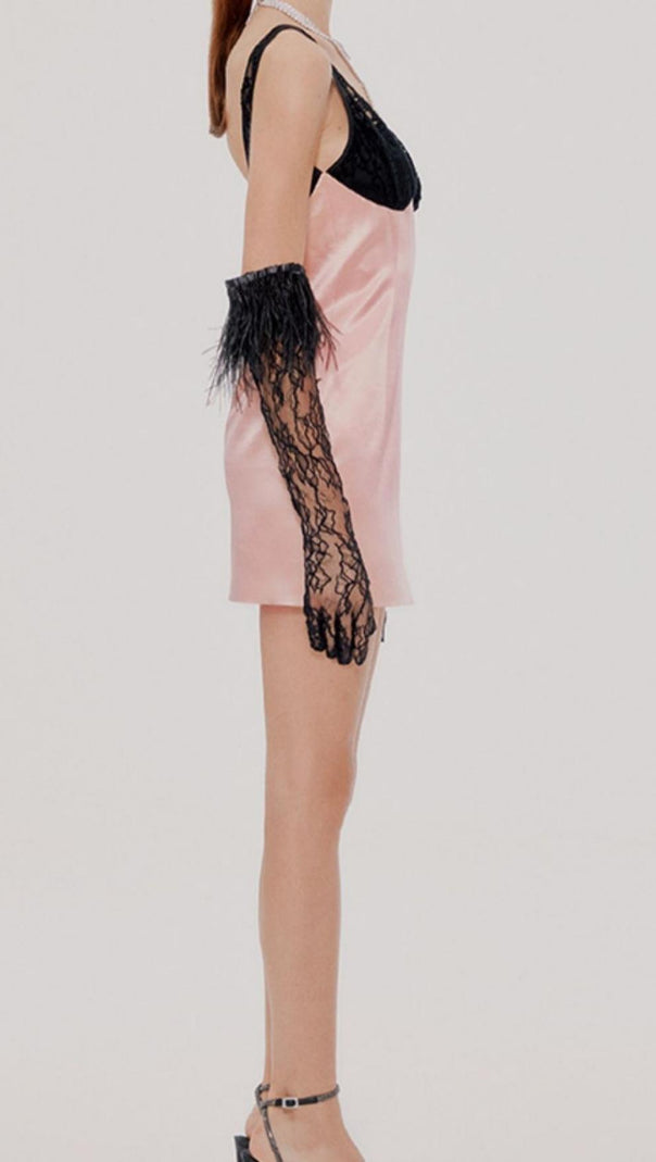 AIIZIE LACE GOLVES PINK PATCHWORK MINI DRESS - product image