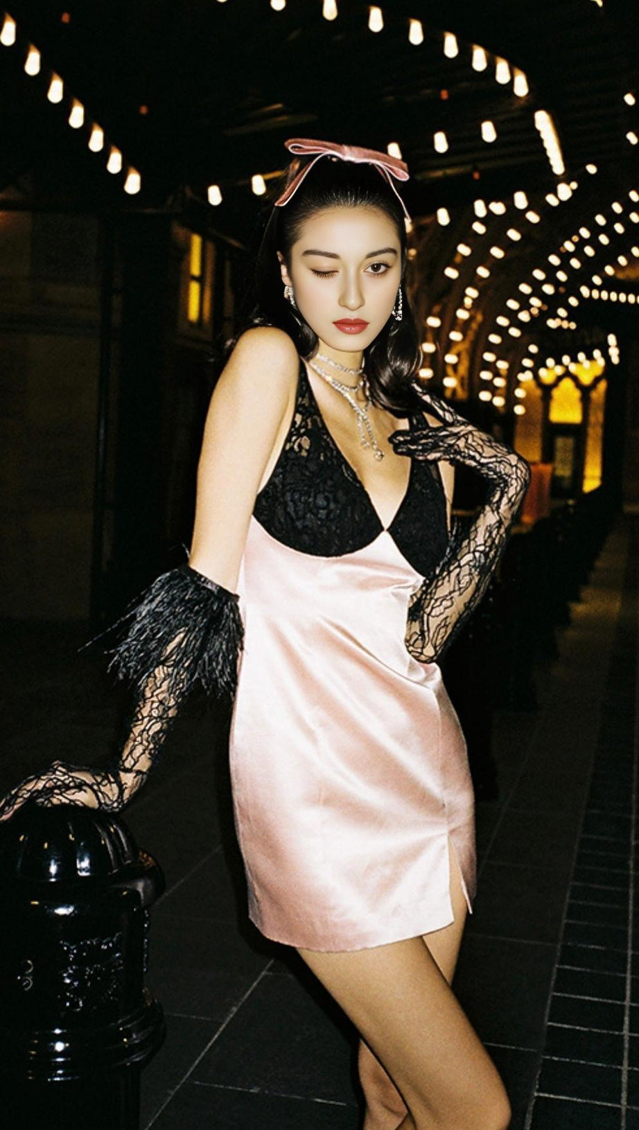 LACE GOLVES PINK PATCHWORK MINI DRESS